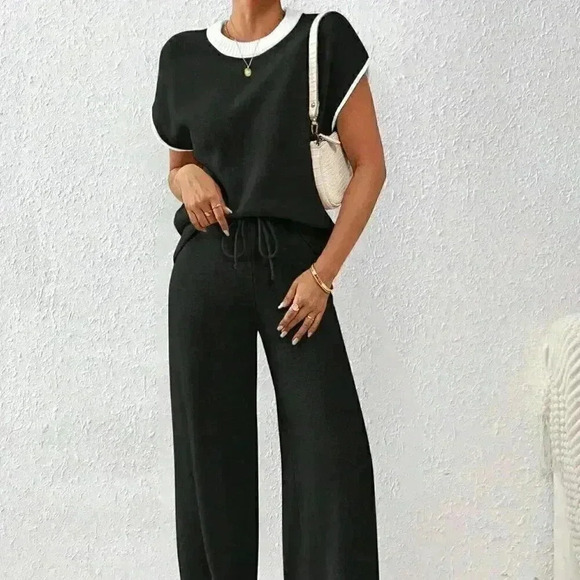 Black Preppy Women's Loose Knit Casual Contrast Trim Drawstring Sweater & Pants - Picture 1 of 7
